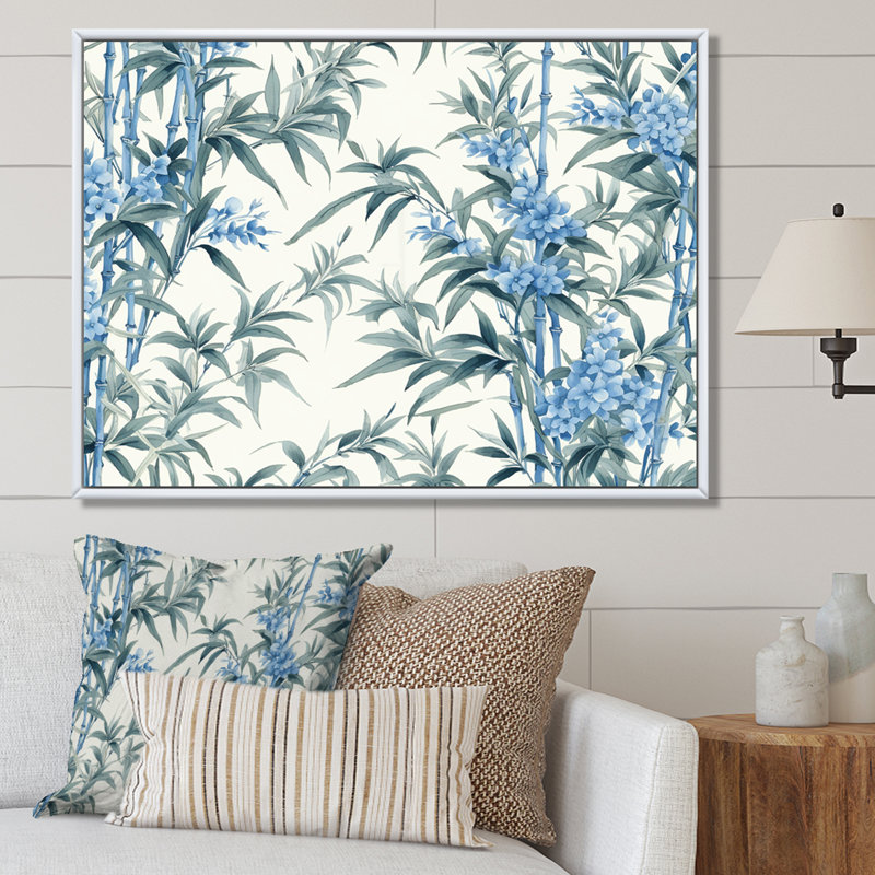 Sérénité chinoise en bambou bleu I sur toile, Cadre naturel flottant, H 34 po x l 44 po x P 1,5 po