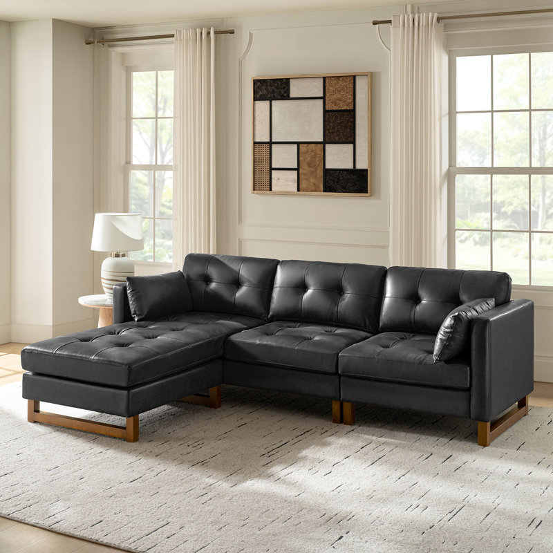 Amando 101"W Mid-Century L-Shape Genuine Leather Reversible Modular Sectional Sofa, Black Genuine Leather