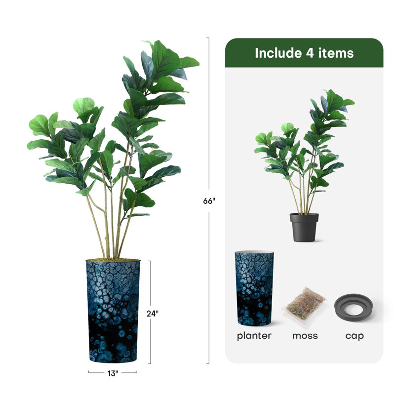 Faux arbre artificiel en ficus Lyrata, Bleu marine abstrait