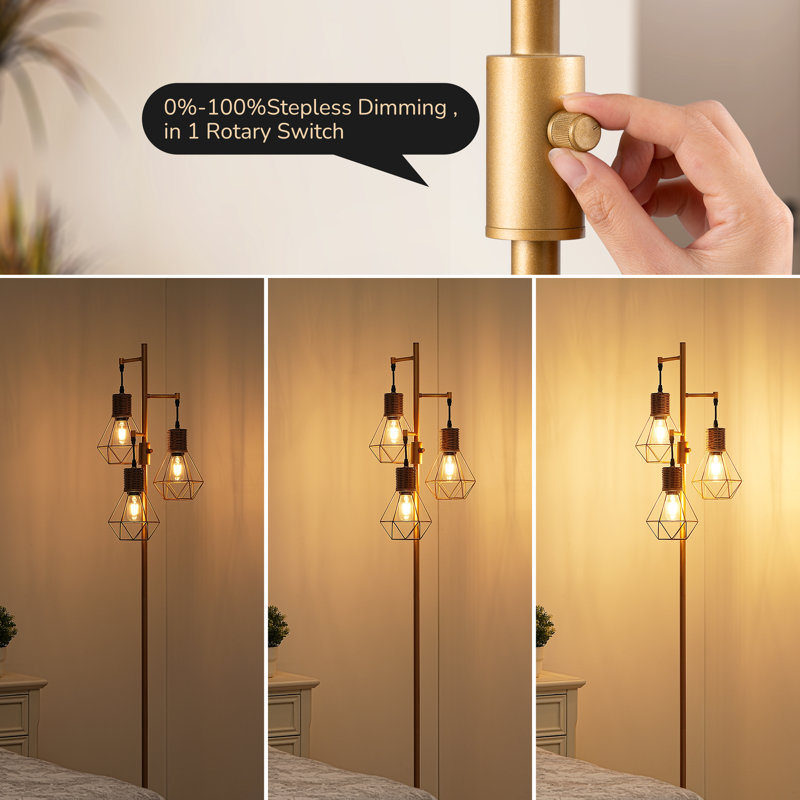 Crevan 65" Dimmable Rattan Tree Floor Lamp With 3 Bulbs Included, Gold