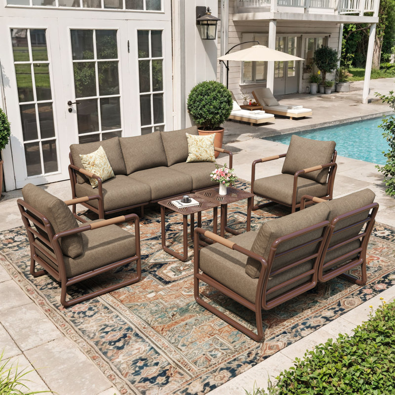 Modern 6-Piece Outdoor PE Rattan Patio Conversation Set with Steel Frame, Includes 3-Seat Sofa, Loveseat, 2 Armchairs, and 2 Coffee Tables for Backyard, Garden, Brown
