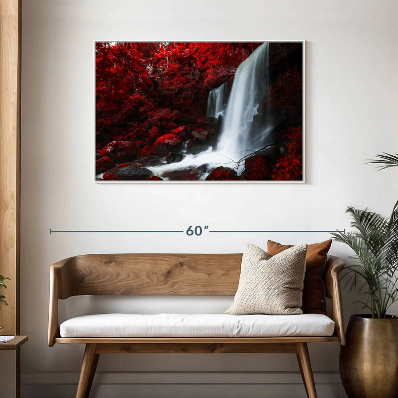 Chute d'eau rouge d'automne, Cadre flottant blanc, 43 po x 29 po
