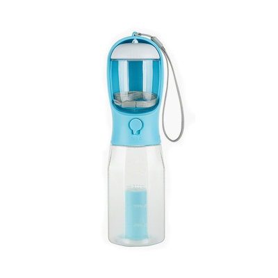 All-in-One Solution for Large & Medium Dogs: 3-in-1 Dogs Water Bottle with 20oz Leak-Proof Cup, 100g Food Container & Built-in Waste Bag Dispenser for Outdoor Travel（Blue）