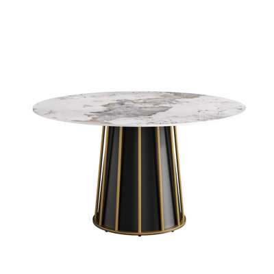 53.06" Round White Dining Table For 6 - Sintered Stone Surface, Metal Iron Base, Stain- And Material Stain-,
