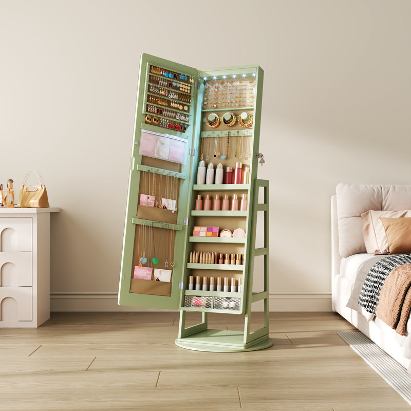 Armoire à bijoux pivotante à 360 °, armoire à bijoux verrouillable avec miroir pleine longueur, Vert