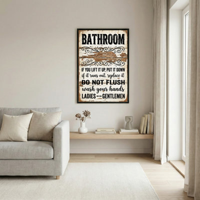 Signe de salle de bain avec motif en bois rustique et cadre noir, reproduction d'art sur toile tendue sur toile