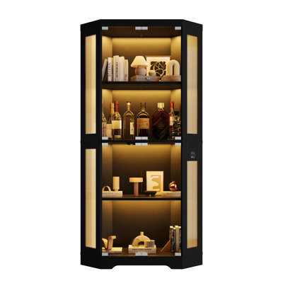Vitrine hexagonale en verre - Présentoir à 4 niveaux avec détecteur de mouvement, éclairage DEL 3 couleurs, ports de chargement USB, portes en verre trempé - Idéale pour les objets de collection, les livres, les figurines - Noir