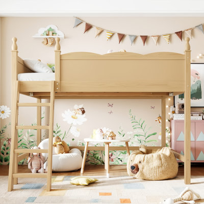 Full Size Loft Bed, Solid Wood Loft Bed with Ladder and Full-Length Guardrails, Space-Saving Kids Bed, Natural