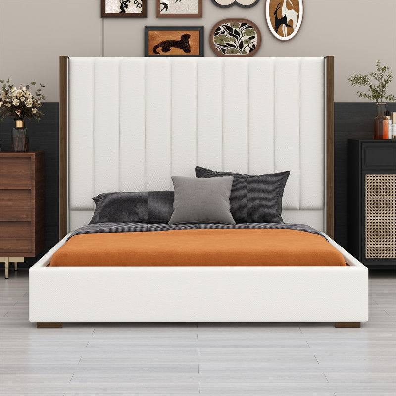 Tall Headboard Upholstered Bed With Vertical Striped And Wingback Design
