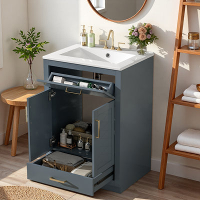 Meuble-lavabo de salle de bain avec lavabo en céramique, 1 grande armoire de rangement, 1 tiroir pleine extension et 1 tiroir basculant