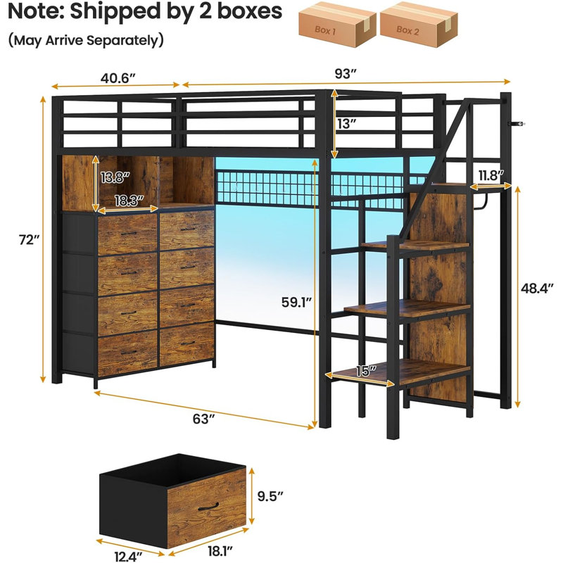 Twin Size Metal Loft Bed With Stairs, 8 Storage Drawers, Led Loft Bed With Storage Stairs, Brown/Black