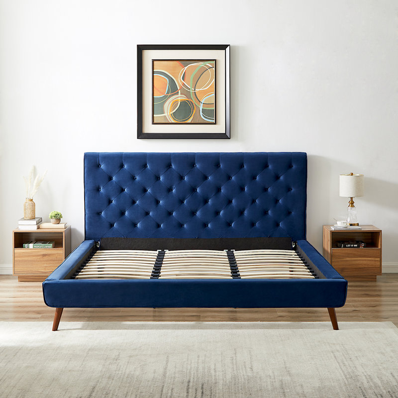 Nico Upholstered Platform Bed, Dark Blue, King