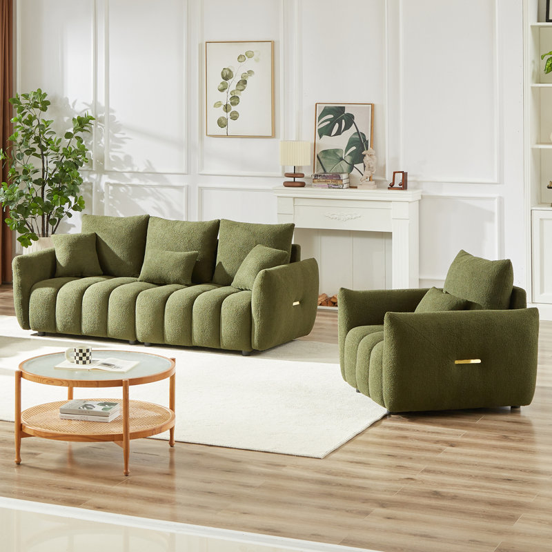 3 Seater + 1 Seater Combo Sofa Modern Living Room Sofa, Teddy Sofa, Wooden Frame, 4 Cushions, Apartment Sofa Furniture, Green