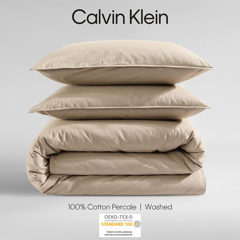 Calvin Klein Washed Percale Cotton Solid Comforter Set, King Comforter + 2 King Shams, Camel Brown