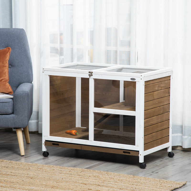 Cage à lapins d'intérieur avec roulettes, cage en bois pour petits animaux, imperméable et de taille bureau / table d'appoint, brun