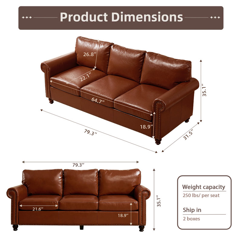 80" Faux Leather Rolled Arm Sofa with Storage, Brown