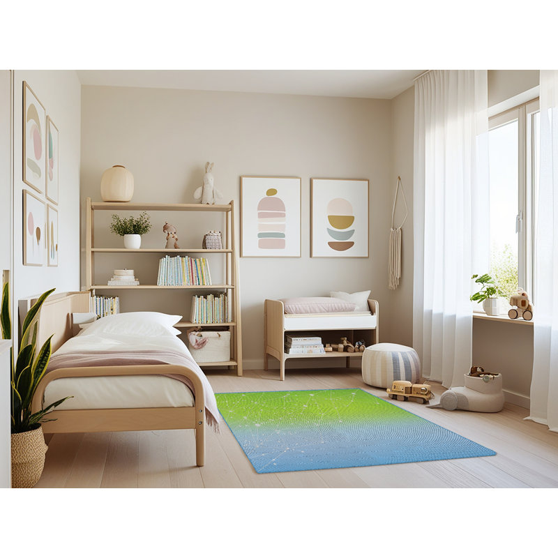 Tapis bleu/vert à motifs, Rectangle 3 pi x 5 pi