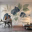 Papier peint botanique aquarelle feuilles d'eucalyptus bleu marine amovible-362741408-362741409