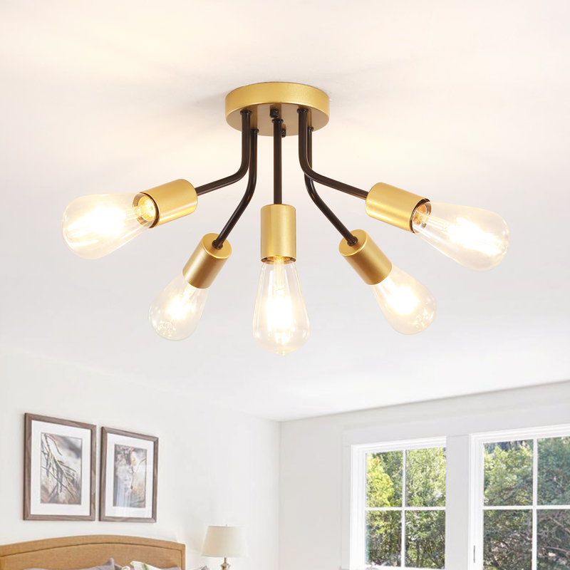 5-Light 14.76" Sputnik Sphere Industrial Linear Semi Flush Mount Ceiling Light, Black/Gold