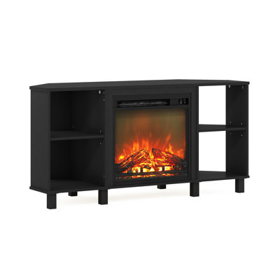Meuble télé d'angle moderne Furinno JENSEN avec foyer intégré, tablette ouverte réglable, support télé pour téléviseurs jusqu'à 55 pouces, idéal pour salon, chambre à coucher, style américain.