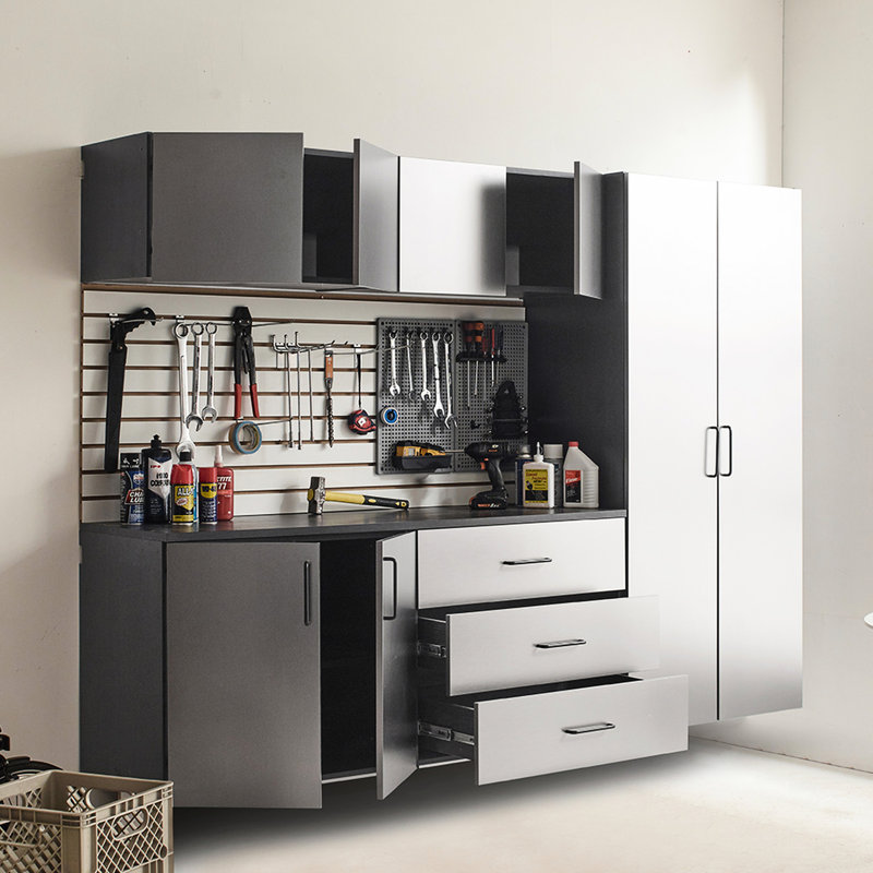 Series, Garage Cabinet , Metallic Gray Finish, Drawers, Water And Heat Trait, 2X Thicker Edge Banding, Shelf Provision, Double Metal Bracket 6 B, 96 In. W X 79 H 20 D, Drawers Doors, Nature, Device