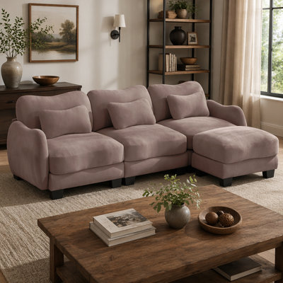 Chenille L-Shaped Sofa with 1 Movable Ottoman, Oversized 3-Seater Sectional with 3 Exquisite Waist Pillows,Ergonomically designed,Easy to Assemble Modular Couch for Living Room Office,  Rose Dust