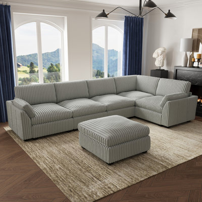 Corduroy Modular L - Shaped Sectional Sofa With Removable Ottoman