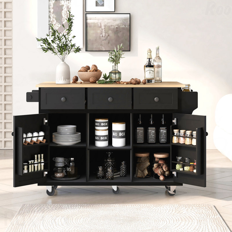 Kitchen Cart With Rubber Wood Drop-Leaf Countertop ,Cabinet Door Internal Storage Racks,Kitchen Island On 5 Wheels With Storage Cabinet And 3 Drawers For Dinning Room