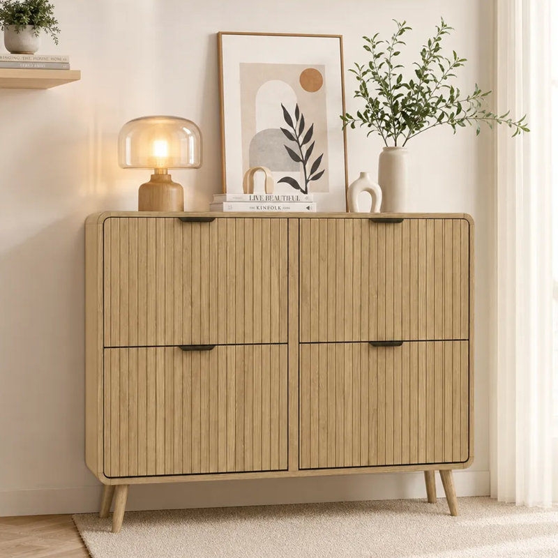 Slim Freestanding Shoe Cabinet for Entryway – Narrow Wooden Hallway Organizer, Natural Wood Color