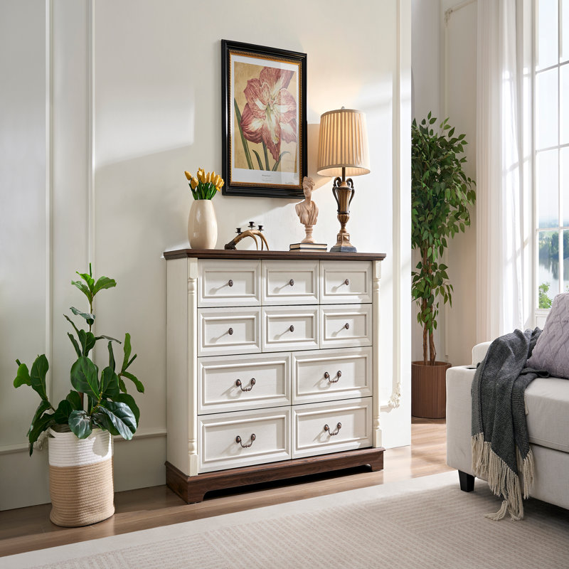 Commode 10 tiroirs pour chambre à coucher avec base en bois et bordure en bois, commode rustique en bois rustique, commode de rangement pour chambre à coucher, salon