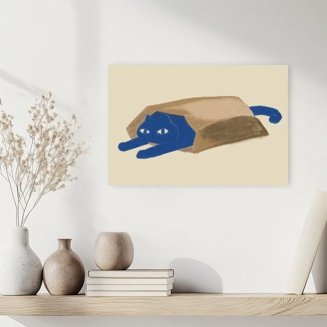 Blue Cat In A Bag Playful Whimsical Contemporary Cat Wall Art Print