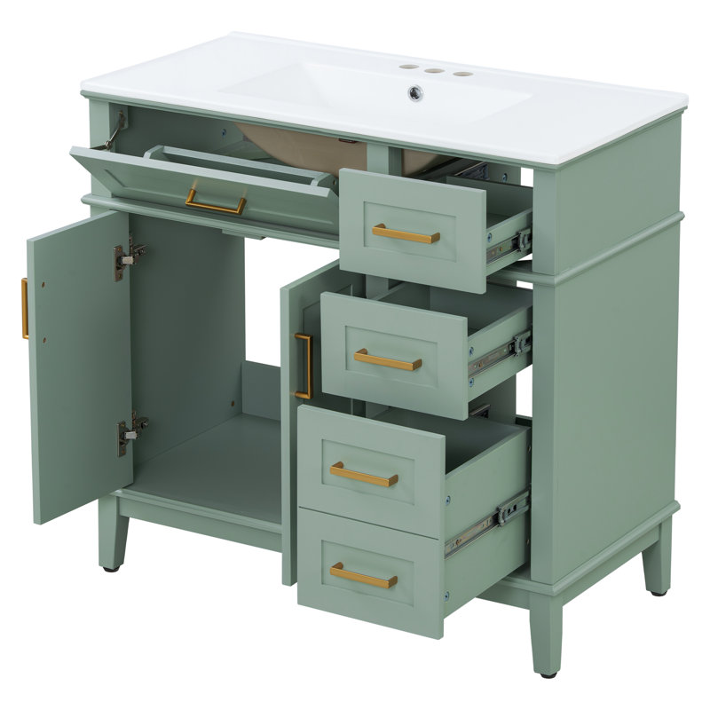 Meuble-lavabo moderne vert clair avec lavabo en céramique, porte à fermeture en douceur et tiroirs de rangement, Vert clair