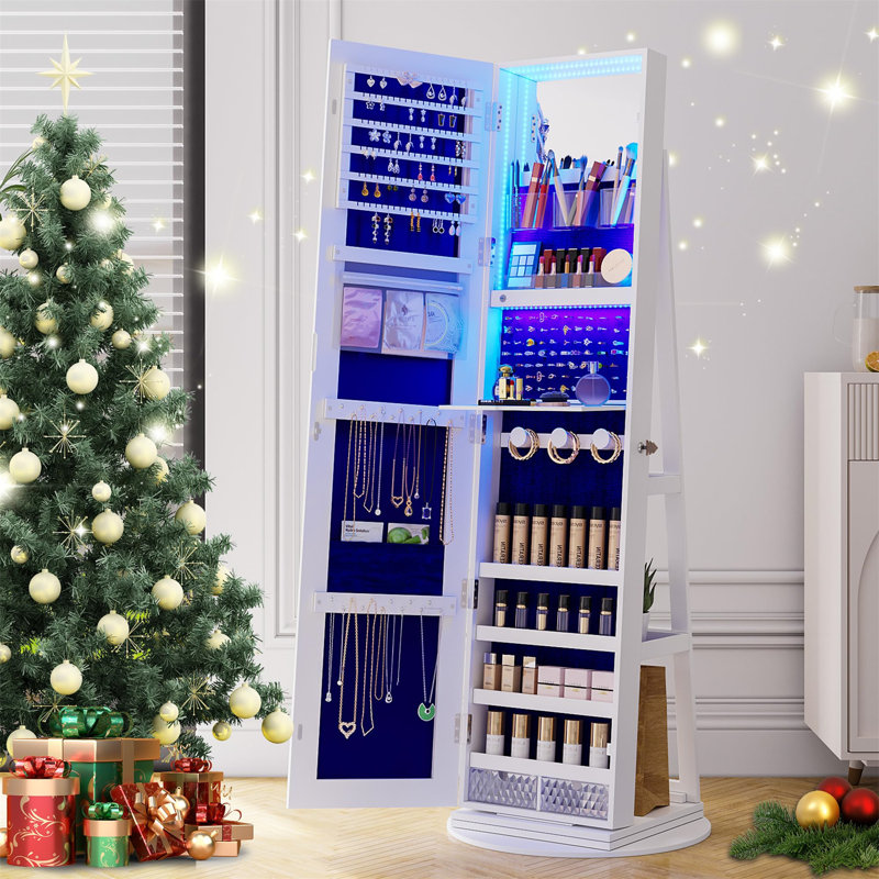 Armoire à bijoux moderne avec miroir HD rotatif à 360 ° - Rangement élégant pour accessoires pour femmes, Blanc / bleu