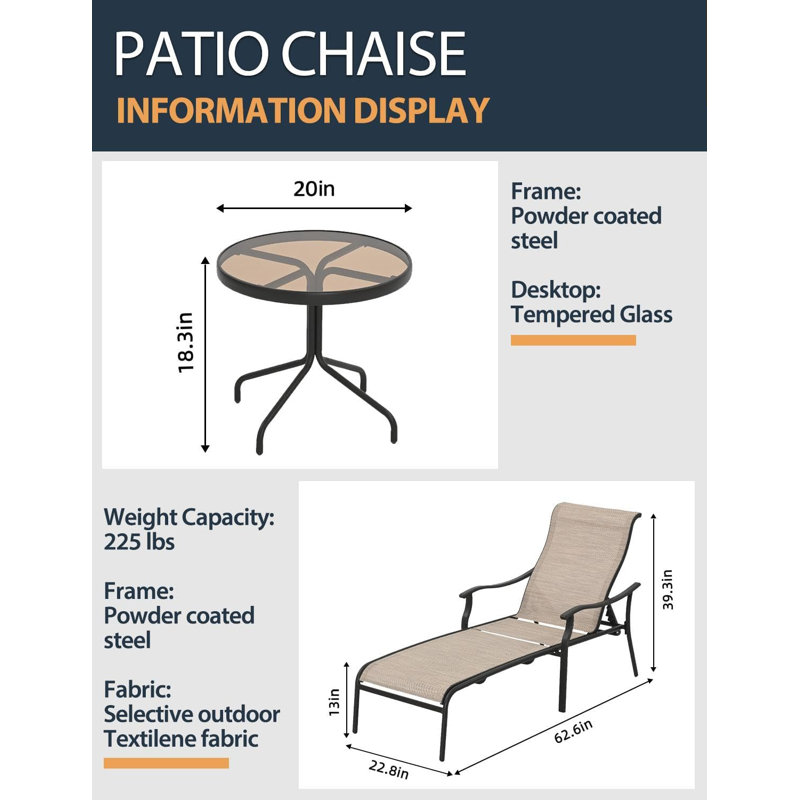 3-Piece Iron Reclining Chaise Lounge Set With Glass Side Table, Breathable Textilene Sun Loungers For Patio & Poolside, Brown