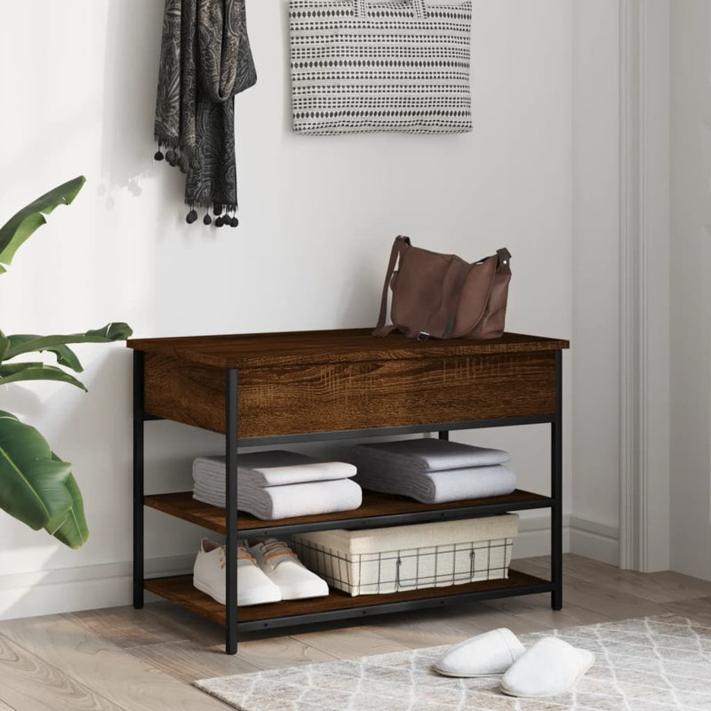 4 Pair Shoe Storage Bench, Brown Oak