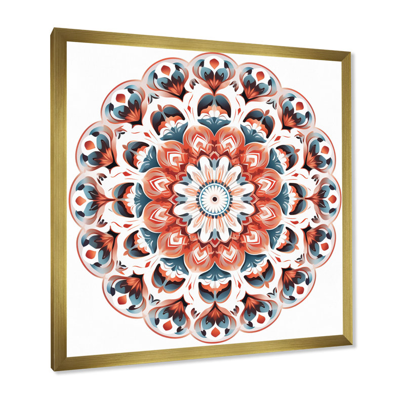 Mandala élémentaire sérénité en bleu et rouge, H 30 po x l 30 po x P 1 po, Cadre doré à une seule photo
