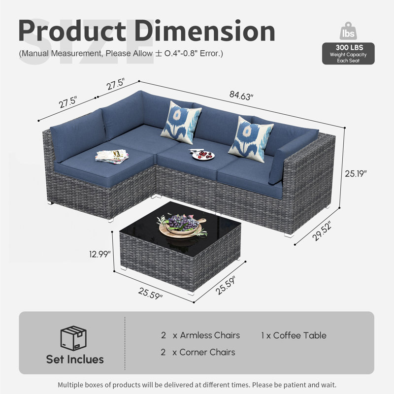 Ensemble de canapé modulaire 5 pièces avec coussins, Bleu, Non