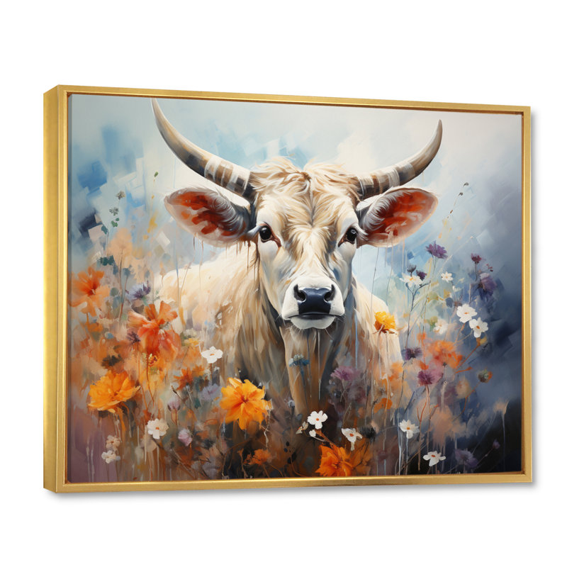 Vache harmonie florale II - imprimé, H 24 po x l 32 po x P 1 po, Cadre flottant doré