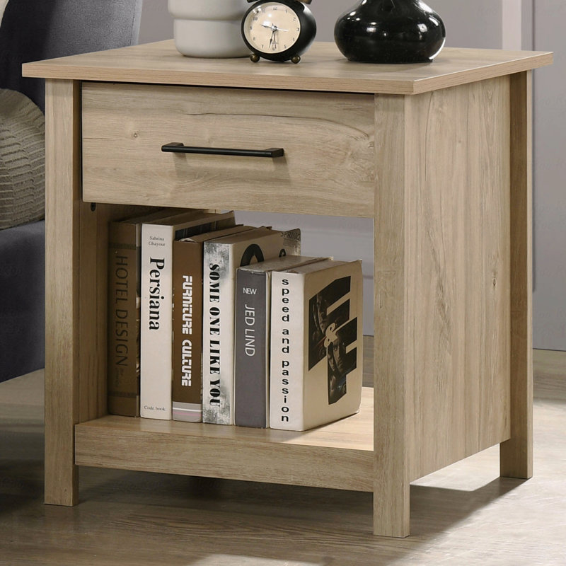 1-Drawer Bedroom Nightstand, 20"W Light Oak Finish  Bedside Nightstand Table, Brown