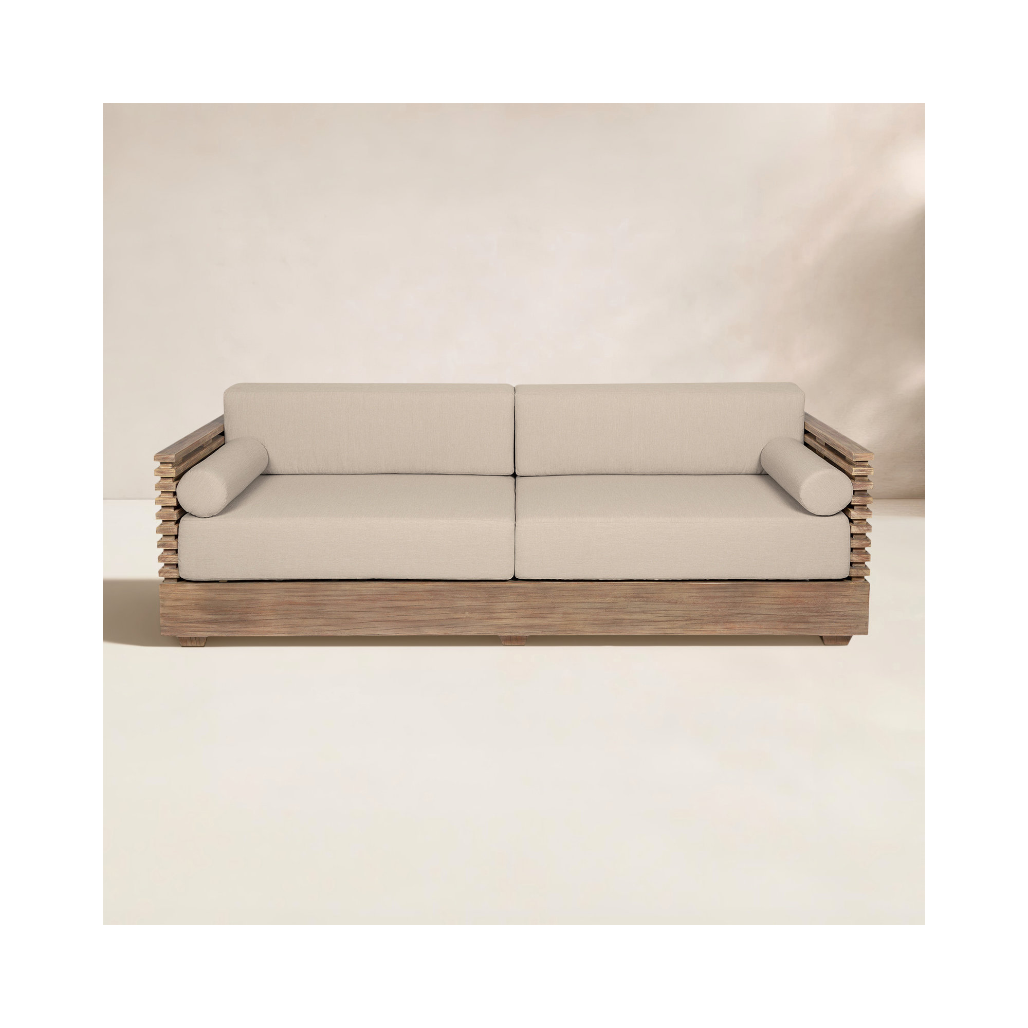Fritz 83'' Wide Curved Wood Patio Sofa with Cushions, Taupe Performance