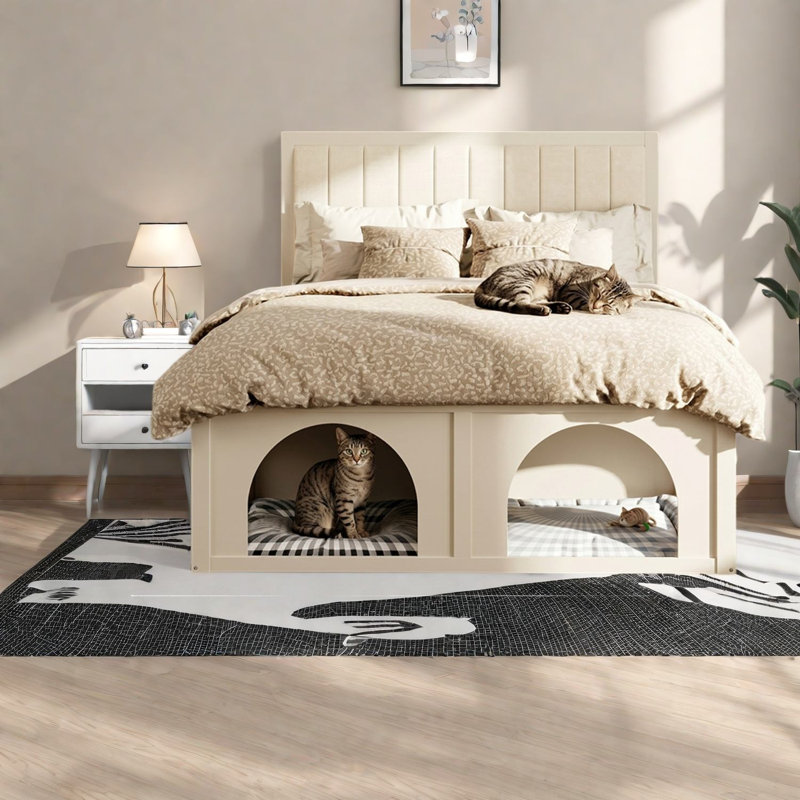 Lit Queen avec rangement, cadre en bois MDF rembourré, lit familial beige moderne, Beige