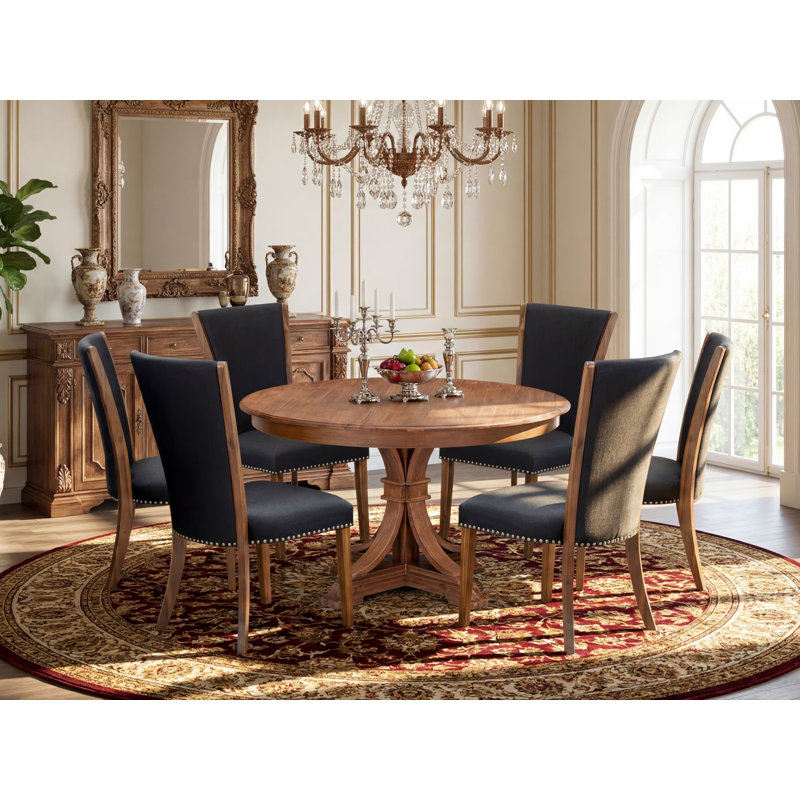 Ensemble de table de salle à manger 7 pièces pour 6 personnes comprenant une table ronde avec piédestal et 6 chaises Parson en tissu noir, noyer antique
