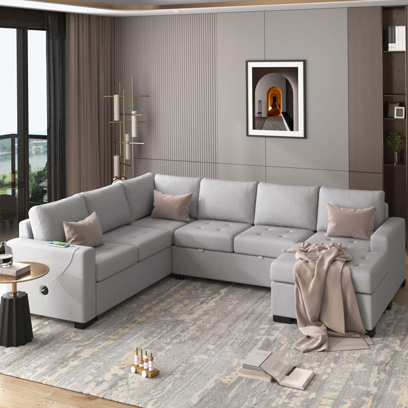 Sectional Sleeper Sofa Bed with Lounge Chair, USB and Type-C Interfaces, Grey Polyester