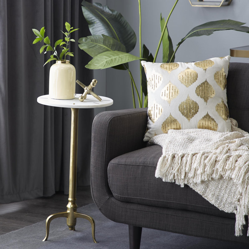White Marble Side End Accent Table with Gold Inlay and Scrolled Base, 18" x 18" x 25", 27" H x 14.5 x 14.5" D