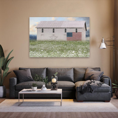 Summer In America - Vintage White Barn American Flag Star Symbol Art