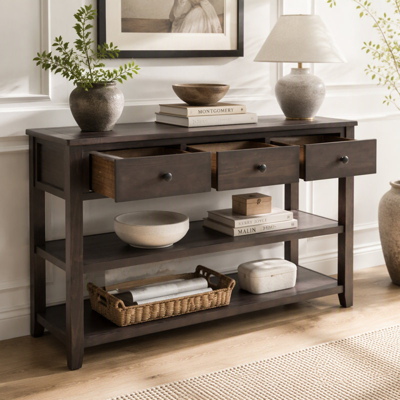 Console avec étagères ouvertes et tiroirs, dosseret de rangement en bois massif et MDF, H 30 po x l 50 po x P 16 po