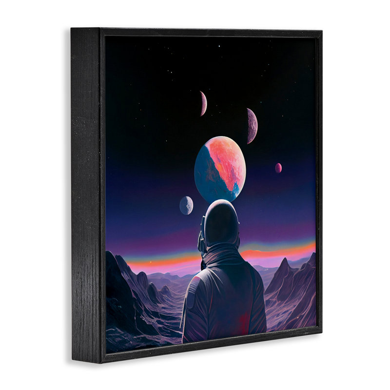 Astronaute et giclée encadrée de terrain aux tons mauves, design par Sasha, H 12 po x l 12 po, Giclée encadrée noir minuit