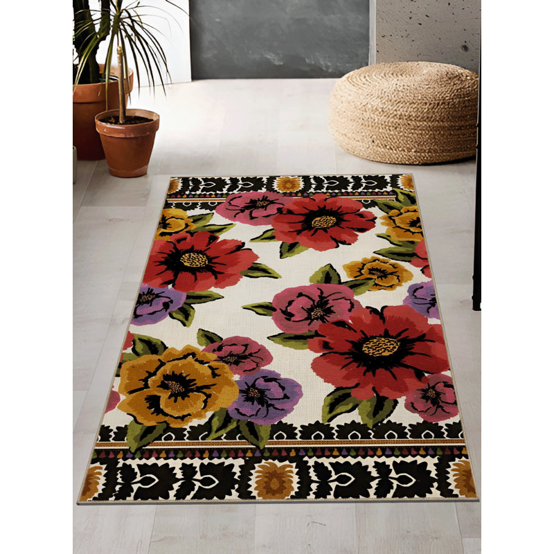 Tapis décoratif multicolore à motif floral rose, Rectangle 3 pi 11,24 po x 5 pi 10,87 po