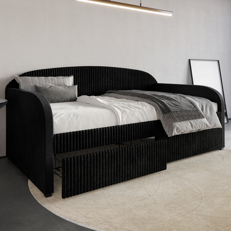  Corduroy Twin Size Daybed with Two Metal Drawers, Black