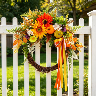 45Cm/17.71In Simulated Sunflower Wreath Garland Harvest Festival Decorations Home Door Hanging Orange Pumpkin Rattan Garland